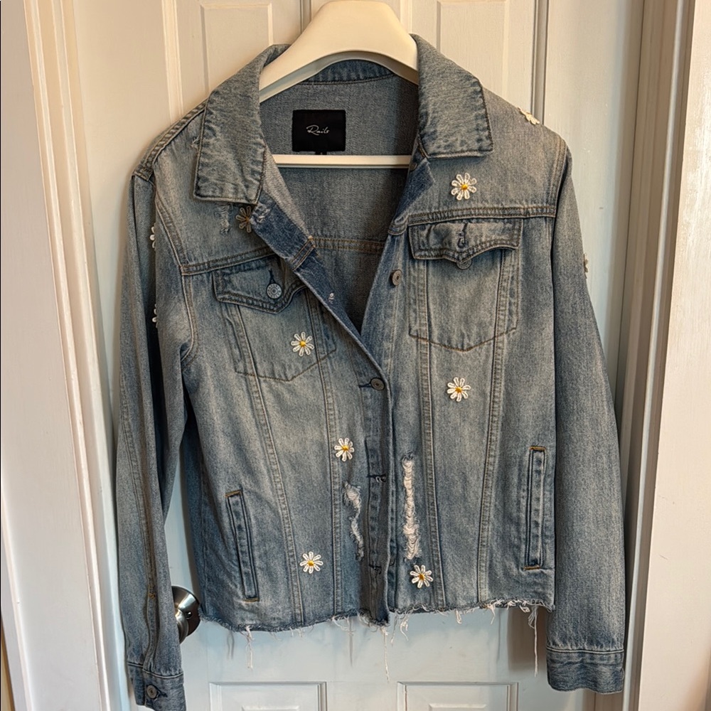 Blue Denim Jacket with Floral Accents